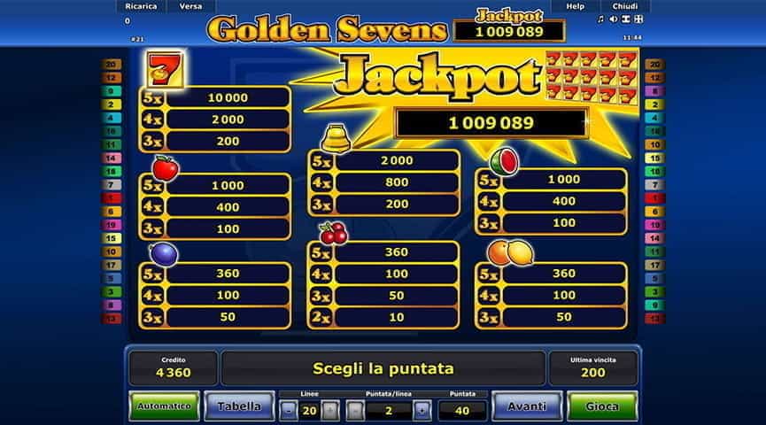 La tabella pagamenti della slot Golden Sevens.