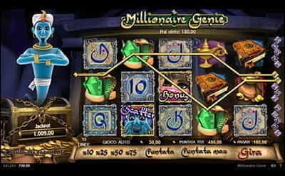 Interfaccia grafica della slot Millionaire Genie di Random Logic.