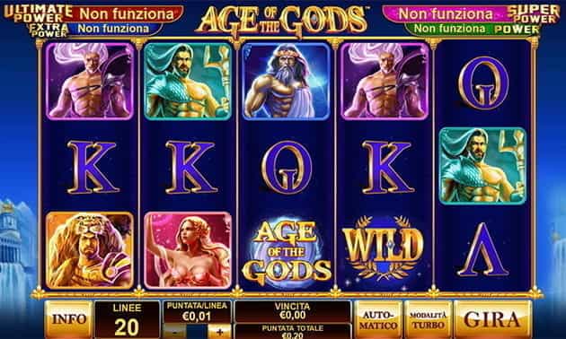 L’interfaccia grafica della slot Age of the Gods prodotta da Playtech.