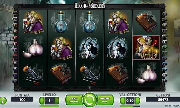 L’interfaccia grafica della slot Blood Suckers prodotta da NetEnt.