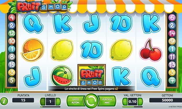 L’interfaccia grafica della slot Fruit Shop di NetEnt.