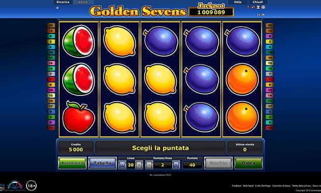 L’interfaccia grafica della slot Golden Sevens di Novomatic.