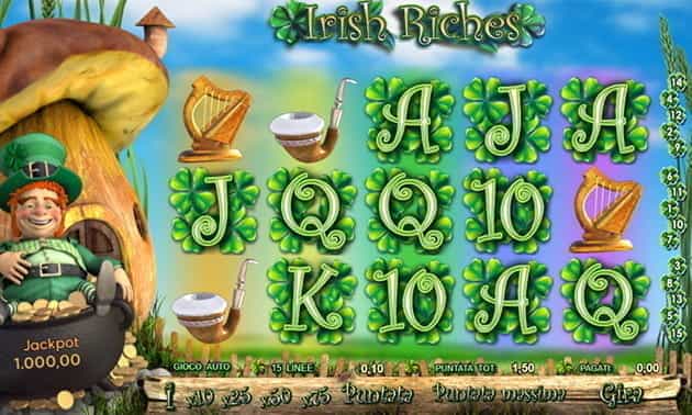L’interfaccia grafica della slot Irish Riches di Random Logic.