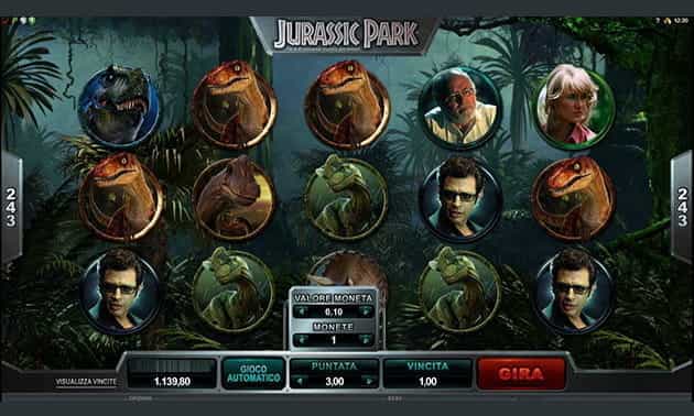 L’interfaccia grafica della slot Jurassic Park di Microgaming.