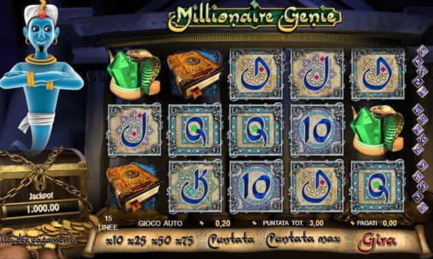 L’interfaccia grafica della slot Millionaire Genie di Random Logic.