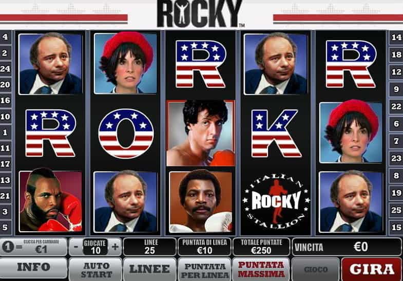 La versione demo della slot machine Rocky sviluppata da Playtech.