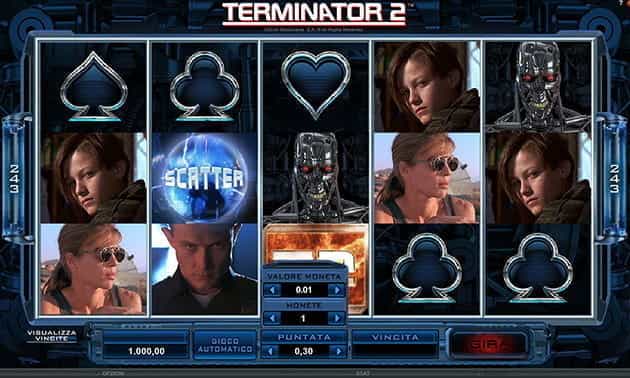 L’interfaccia grafica della slot Terminator II di Microgaming.