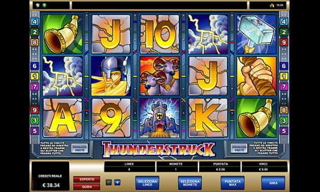 L’interfaccia grafica della slot Thunderstruck di Microgaming.