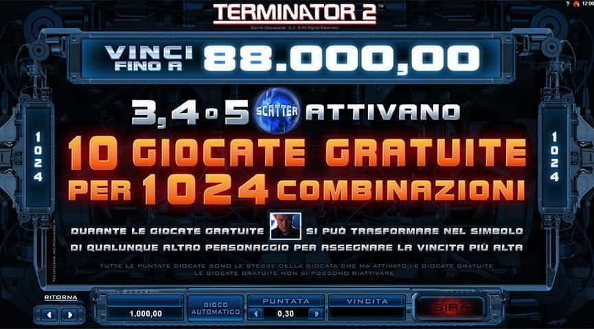 La tabella pagamenti della slot Terminator II.