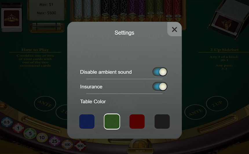 Le impostazioni di 21 Duello a Blackjack