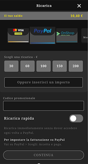 pagina di deposito con PayPal di 888casino