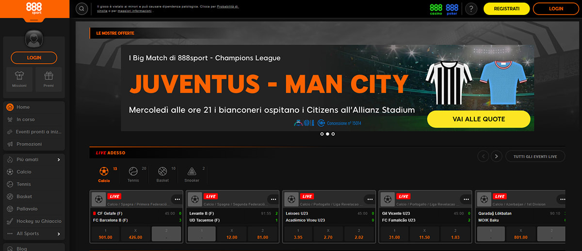 L’homepage della sezione sport di 888casino