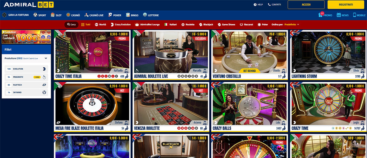 Una panoramica dei giochi del casinò live di AdmiralBet