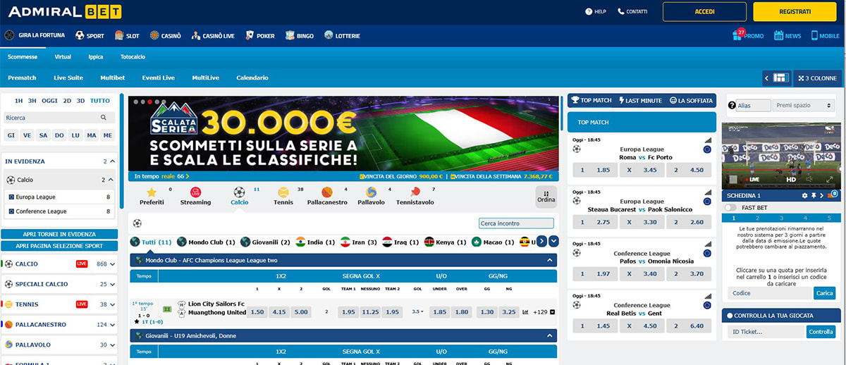 L’homepage della sezione sport di AdmiralBet