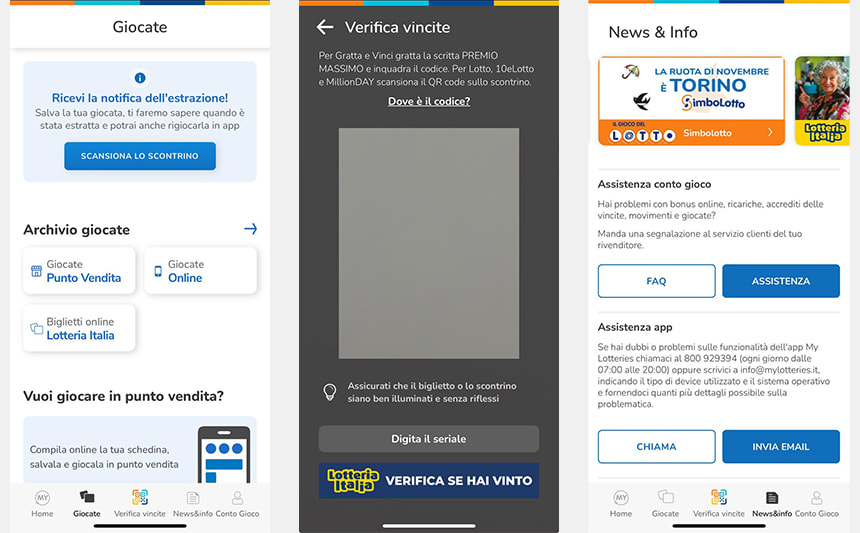 Le schermate dell'app My Lotteries: le giocate, verifica vincite e news