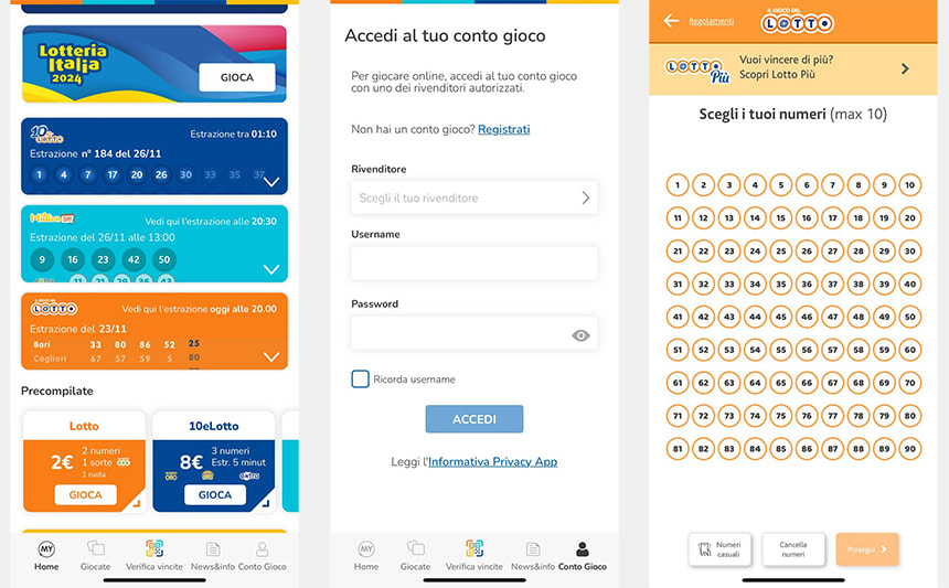 Le schermate dell'app My Lotteries: homepage, scegli l'operatore e pagina schedina