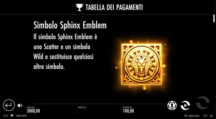 La tabella dei pagamenti della slot Beat the Beast Mighty Sphinx