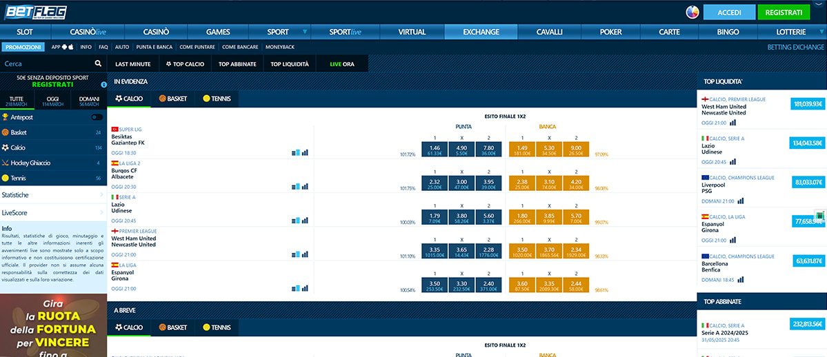 L’homepage della sezione sport di BetFlag