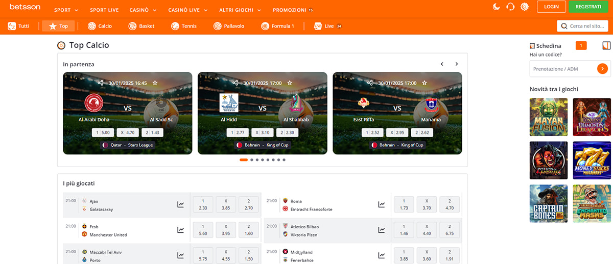 L’homepage della sezione sport di Betsson