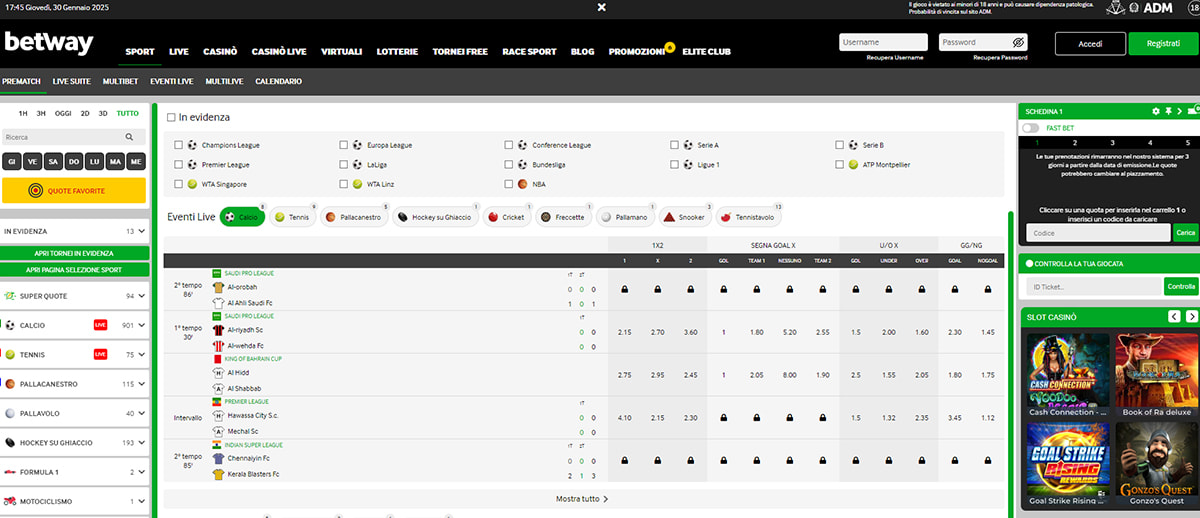 L’homepage della sezione sport di Betway