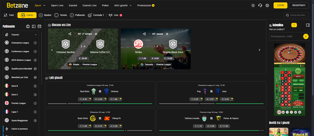 L’homepage della sezione sport di Betzone