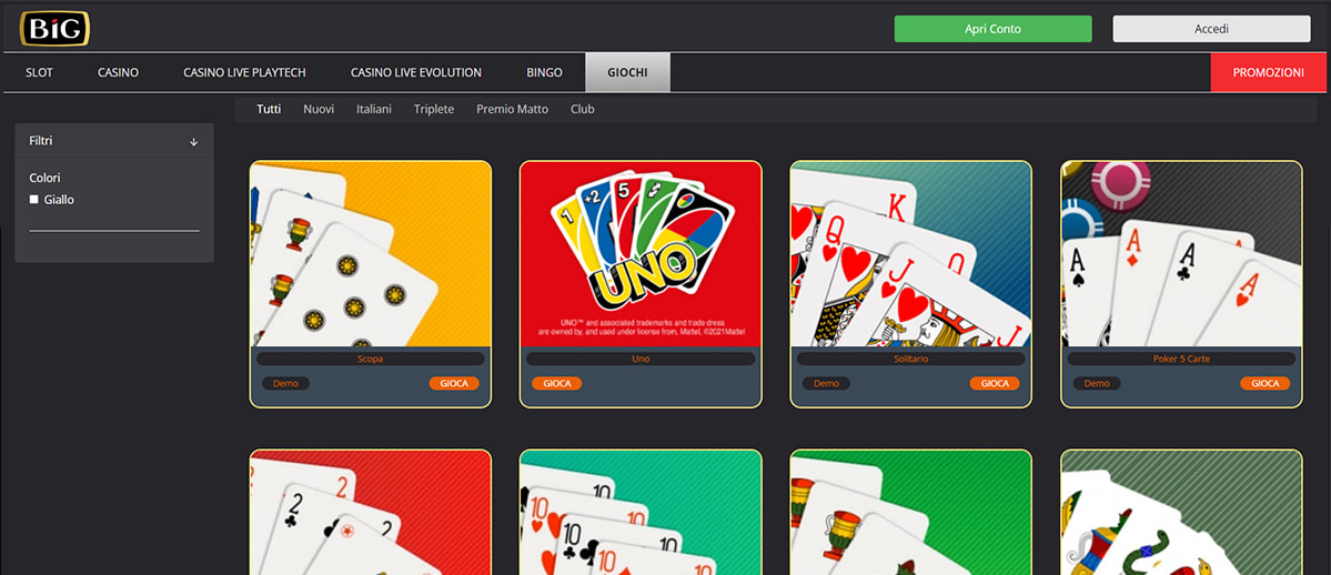L’homepage della sezione carte di BIG Casinò