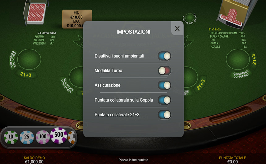 Le impostazioni di Cashback Blackjack