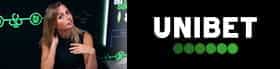 Una croupier live Unibet e il logo del casinò.