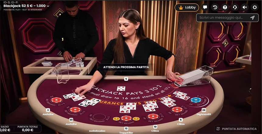 Tavolo di blackjack live di Pragmatic Play con croupier