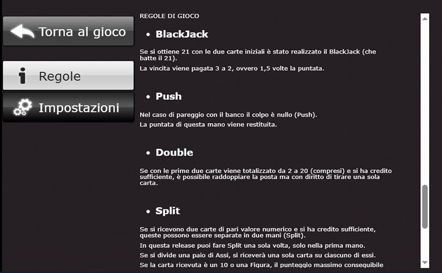 La schermata con il regolamento del Blackjack Pro di Capecod