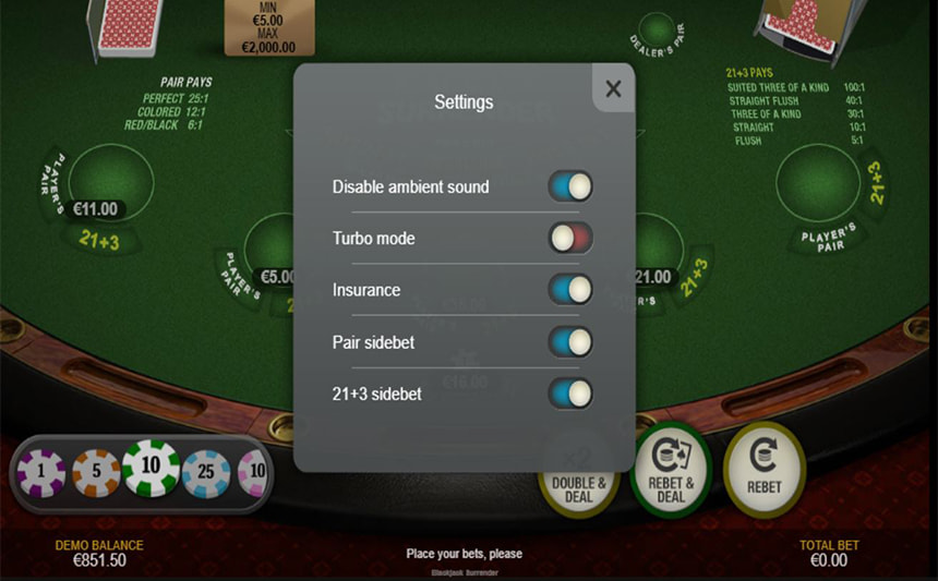 Le opzioni di personalizzazione del Blackjack Surrender di Playtech.