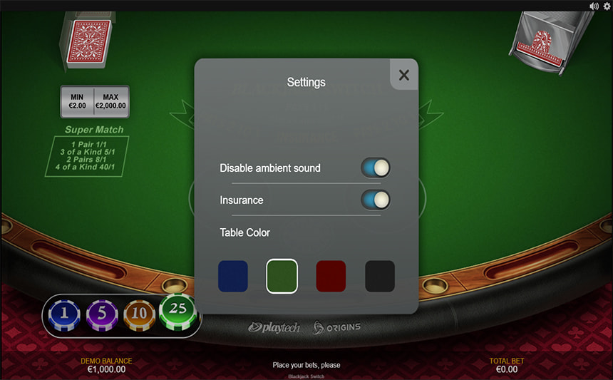 Le impostazioni di Blackjack Switch