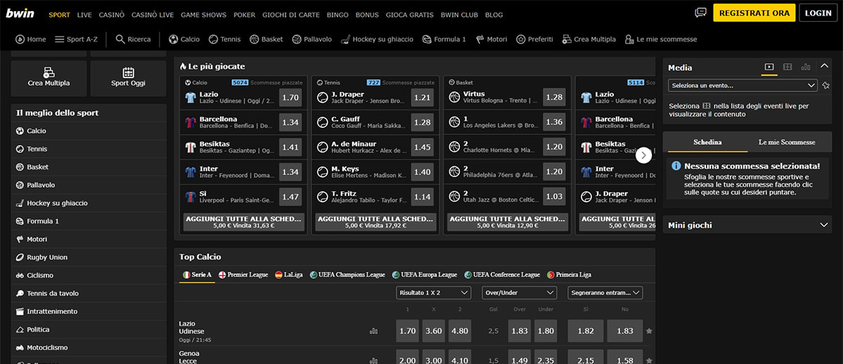 L’homepage della sezione sport di bwin