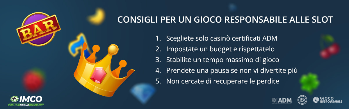 Infografica per un gioco responsabile alle slot, con consigli su gestione del budget, tempi di gioco, scelte consapevoli per divertirsi in sicurezza. 