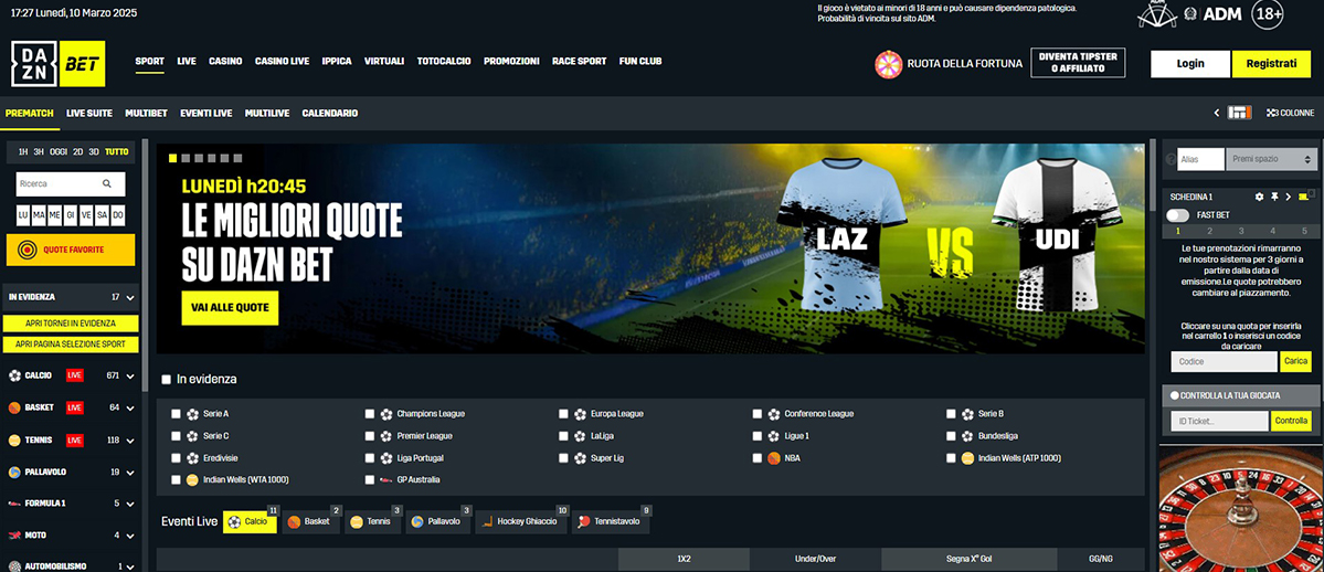 L’homepage della sezione sport di Daznbet