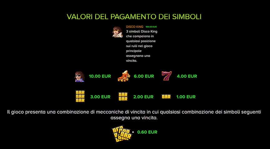 La tabella dei pagamenti della slot Disco Danny