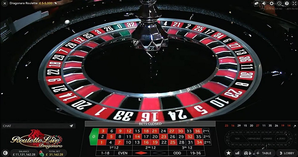 Il tavolo della Roulette Dragonara di Evolution Gaming in diretta dal casinò di Malta.