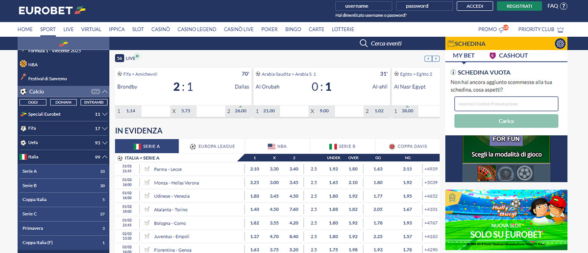 L’homepage della sezione sport di Eurobet