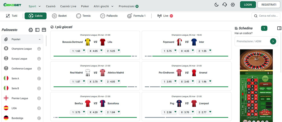 L’homepage della sezione sport di Gekobet