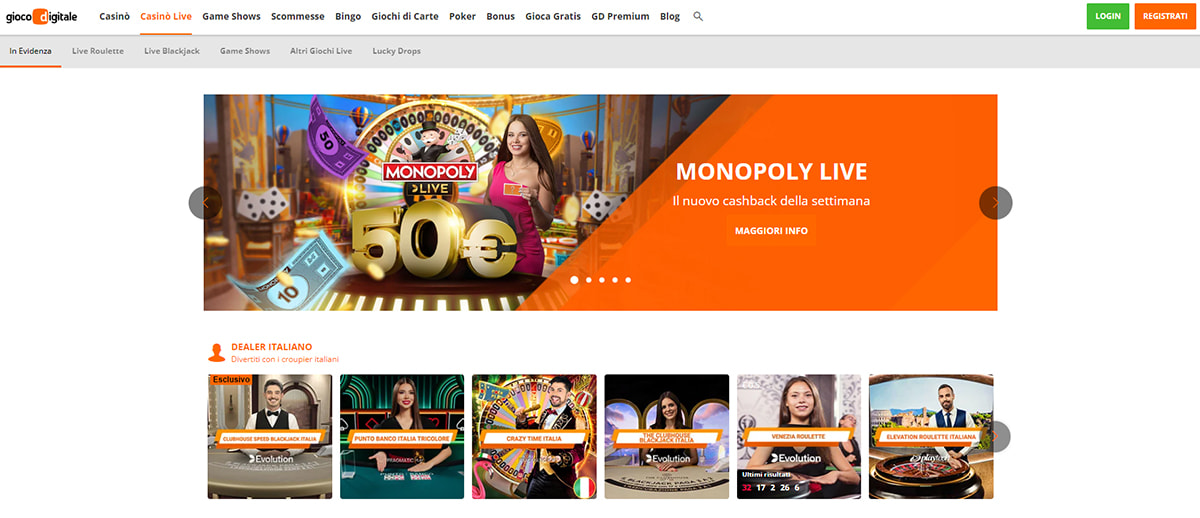 Una panoramica dei giochi del casinò live di Gioco Digitale