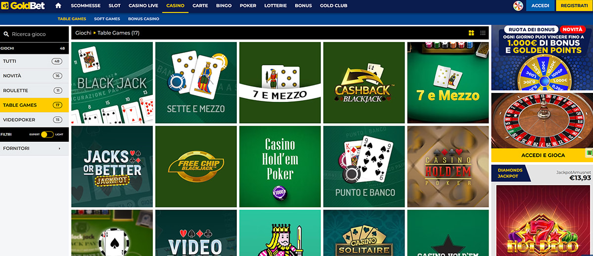 Una panoramica degli altri giochi di GoldBet