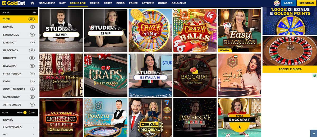 Una panoramica dei giochi del casinò live di GoldBet