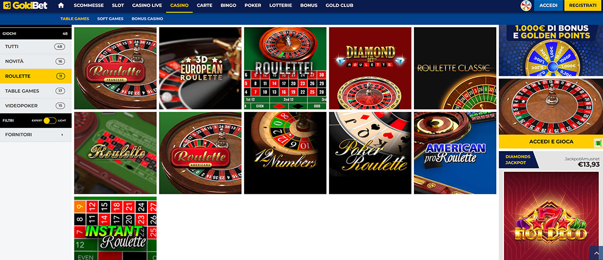Una panoramica dei giochi di roulette di GoldBet