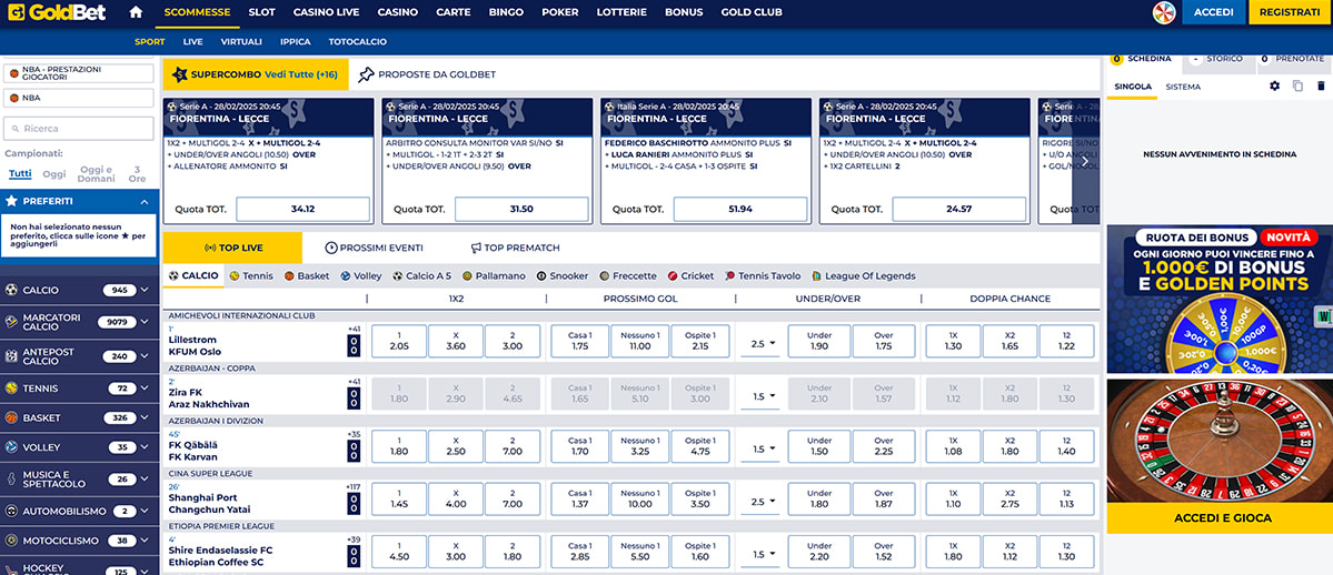 L’homepage della sezione sport di GoldBet