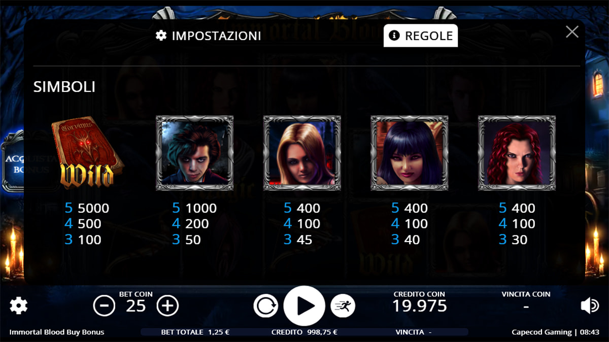 La tabella dei pagamenti della slot Immortal Blood