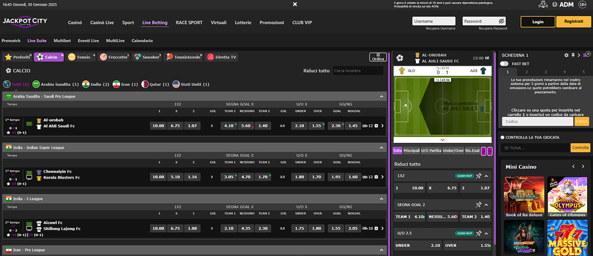 L’homepage della sezione sport di JackpotCity