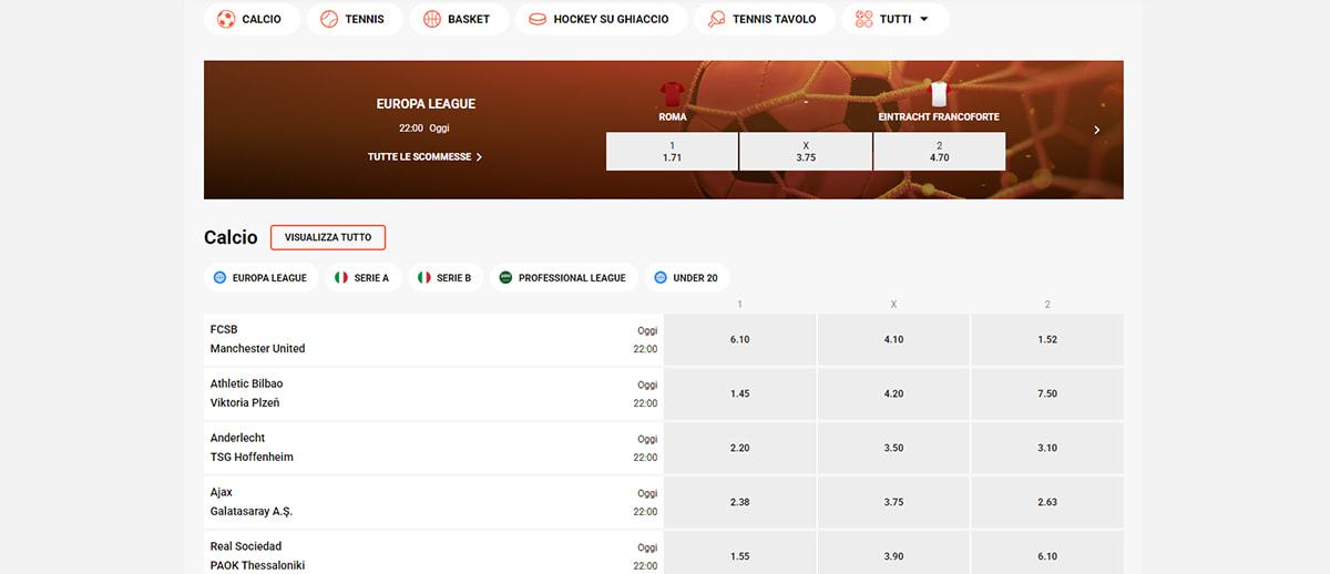 L’homepage della sezione sport di LeoVegas