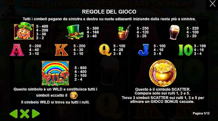 La tabella dei pagamenti della slot Leprechaun Song