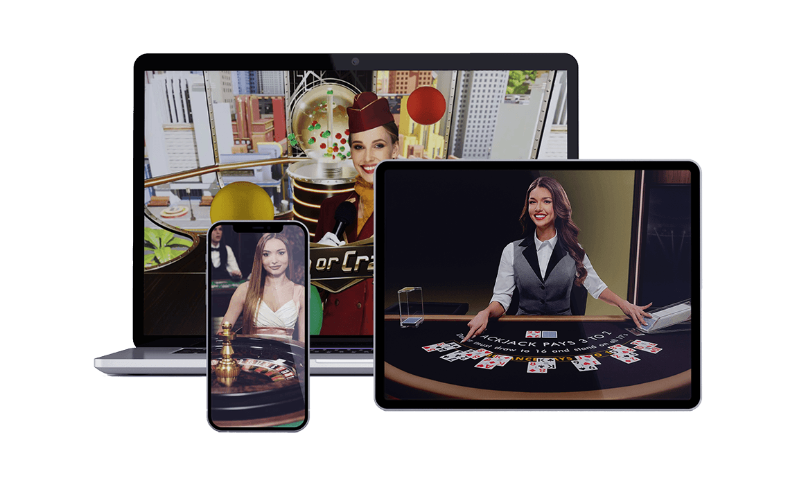 Tre schermi di dispositivi portatili che mostrano giochi di casinò live