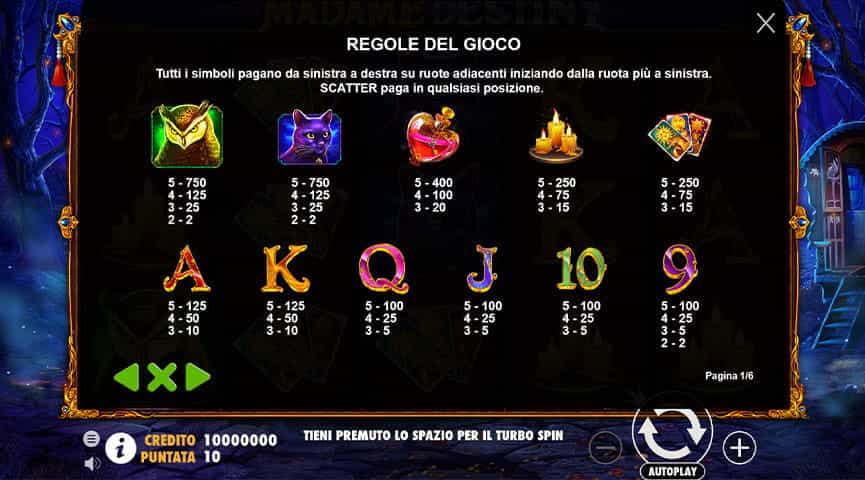 La tabella dei pagamenti della slot Madame Destiny